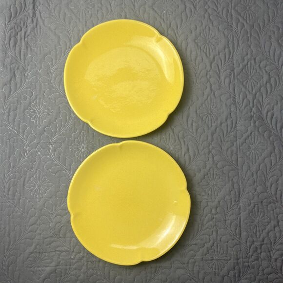 VTG Frankoma Pottery 5F Yellow Dinner Plates Scalloped 10-1/4" 2pc Lot Home Repl - Picture 1 of 10